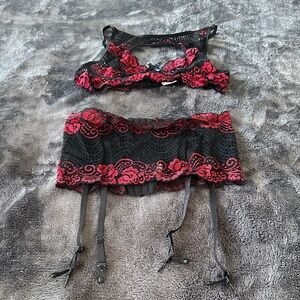 SHEIN Women’s Lace Garter Belt and Bralette Set in Black & Red